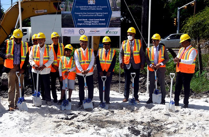 Officials turning the sod for the first phase of the new East Bank Demerara– East Coast Demerara road linkage project (Adrian Narine photo)
