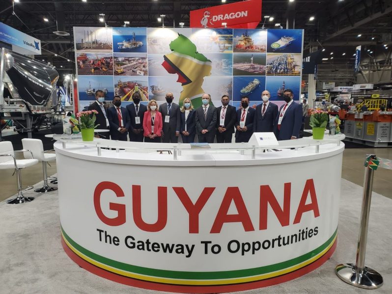 Vice-President Bharrat Jagdeo (fifth left) along with other senior officials of the government, and U.S. Ambassador to Guyana, Sarah-Ann Lynch (fourth left) with other local stakeholders at the OTC conference in Houston, Texas