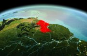 Morning above Guyana highlighted in red on model of planet Earth in space. 3D illustration. Elements of this image furnished by NASA. 3D model of planet created and rendered in Cheetah3D software (URL of the source map: https://visibleearth.nasa.gov/view.php?id=57752 GETTY)