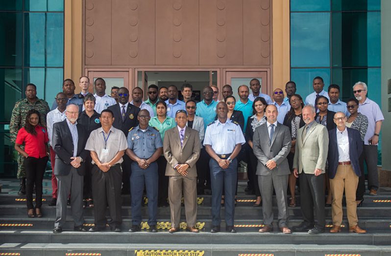 Stakeholders involved in the Oil Spill Contingency Workshop underway at the Arthur Chung Convention Centre. In photo is Director General of the CDC, Lt Col. Kester Craig [fourth from right] and Director of the Department of Energy, Dr. Mark Bynoe [fourth from left] [Delano Williams photo]