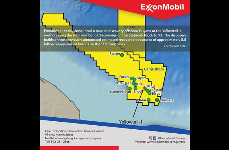 This image was shared by ExxonMobil on Thursday as it made its grand announcement. It depicts the discoveries made to date with special focus on the Yellowtail-1 well where approximately 292 feet of high-quality oil bearing sandstone reservoir was discovered.