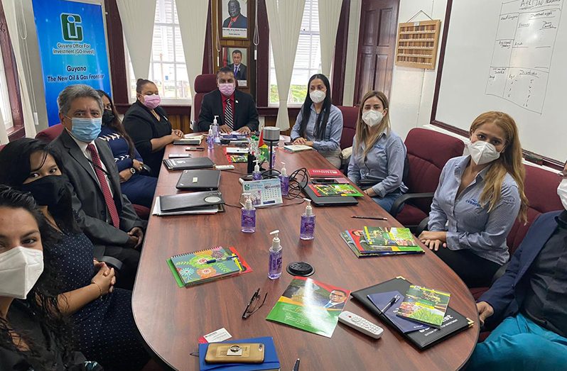 Chief Executive Officer (CEO) of Go-Invest, Dr. Peter Ramsaroop, and officials from his office meet with
Mexico’s Ambassador to Guyana, Jose Omar Hurtado Contreras and the team from Oceamar (Go-Invest photo)