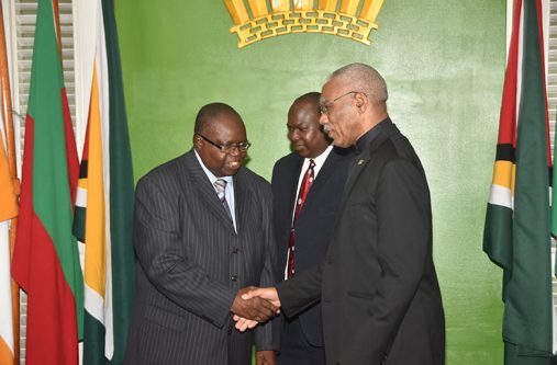 President David Granger stands alongside retired Judge,Winston Patterson on Wednesday at State House after he (Patterson) was sworn in as Ombudsman (Adrian Narine photo)