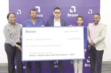 (Right to left)- Brava’s Candacy Toney, LGC club captain Ayube Subhan, Brava’s General Manager Hilton Wong, LGC President Anasha Ally &  Brava’s Vishwanath Ishwardin