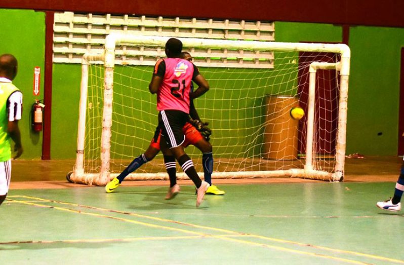 one of the thirty-nine goals scored during the Corona Futsal Invitational (Adrian Narine Photos)