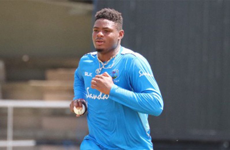 Fast bowler Oshane Thomas prepares to send down a delivery during training ahead of today’s final ODI against India. (Photo courtesy CWI media)
