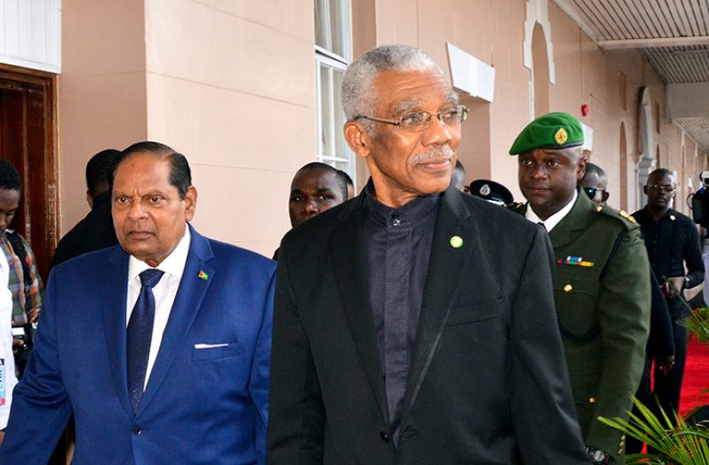 President David Granger being accompanied by Prime Minister Moses Nagamootoo to the parliamentary chambers on Thursday afternoon