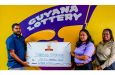 From left: Romario Samaroo (One Guyana T10 Tapeball Blast), Kamila Ali (General Manager - Guyana Lottery Company Limited), and Donielle Barnes (Marketing Manager – Guyana Lottery Company Limited) during a ceremonial presentation on Tuesday