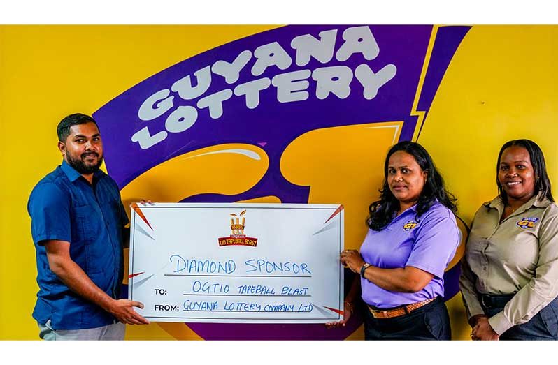 From left: Romario Samaroo (One Guyana T10 Tapeball Blast), Kamila Ali (General Manager - Guyana Lottery Company Limited), and Donielle Barnes (Marketing Manager – Guyana Lottery Company Limited) during a ceremonial presentation on Tuesday