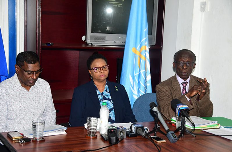 At Tuesday’s joint press briefing are, from left, Chief Medical Officer Dr. Shamdeo Persaud; Minister of Public Health Volda Lawrence; and PAHO/WHO Resident Representative Dr. William Adu-Krow (Adrian Narine photo)