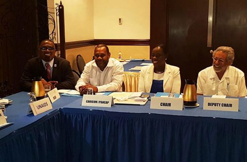 From left to right: Director of the PANCAP Coordinating Unit Dereck Springer, Professor Donald Simeon, new chair Minister Nicolette Henry and new Vice-chair, Professor Peter Figueroa during PANCAP’s RCM
meeting