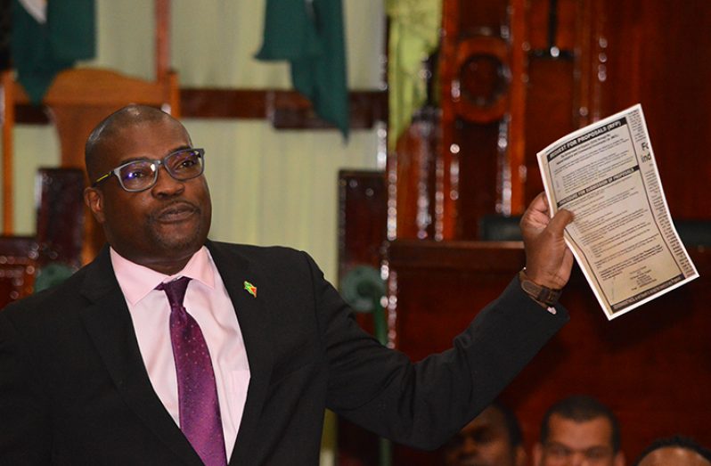 Minister of Public Infrastructure David Patterson contends that there was no evaluation report conducted on the Amaila project (Adrian Narine photo)