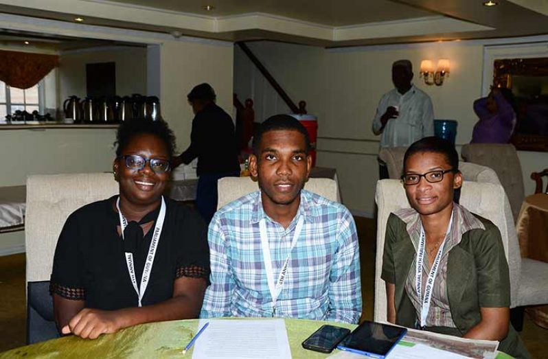 University of Guyana students who will be debating the motion on Climate Change on the government side of the House are: Minister of Finance Lashanda McLeod (left); Minister of Public Infrastructure, Michael Lewis and Youth Minister of Natural Resources Marissa Rhius (Delano Williams photos)