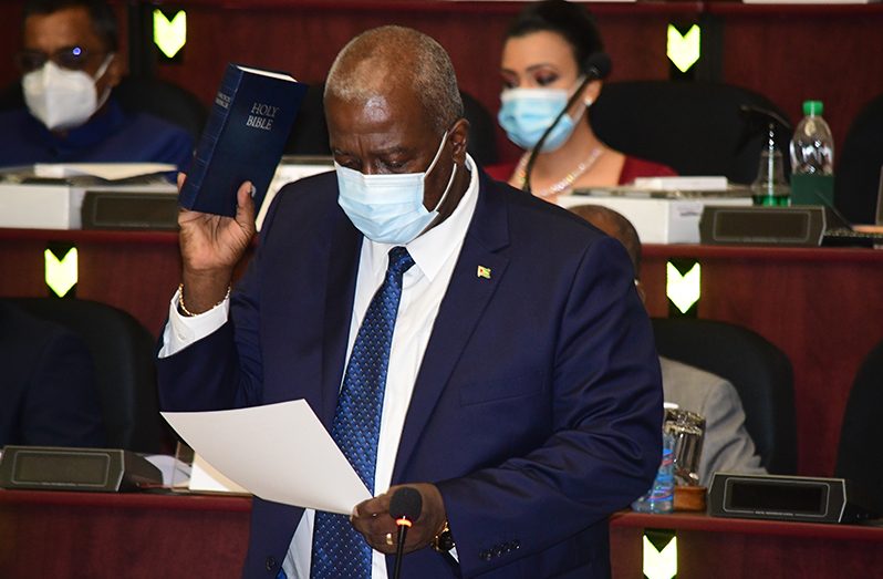 Prime Minister Mark Phillips takes his oath as a Member of Parliament (Adrian Narine photo)