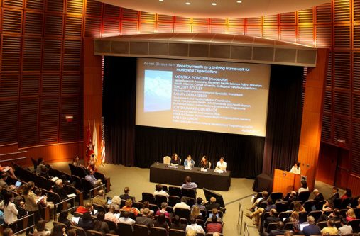 Panelists and participants discuss topical areas under global health and the environment at the Joseph B Martin Conference Centre at Harvard University on Saturday (Alva Solomon photo)