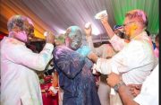 President, Dr. Irfaan Ali (right), Minister of Foreign Affairs and International Co-operation, Hugh Todd (left) celebrate Phagwah at the State House in Georgetown (Latchman Singh/ Office of the President photo)