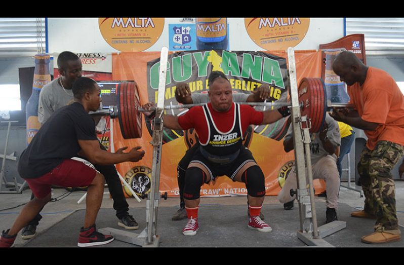Nigel Philips during his record-breaking squat of 262.5kg in the Male Master 1 Raw Category on Sunday