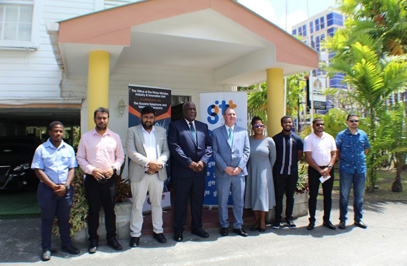 Prime Minister, Brigadier (Ret’d) Mark Phillip (centre); Director of the Industry and Innovation Unit at the Office of the Prime Minister, Shahrukh Hussain (third from left); CEO of GTT, Damian Blackburn (fifth from right), with other officials at the launch of Innovation Challenge 2022