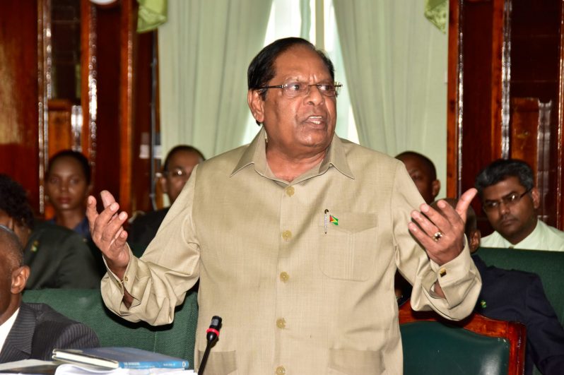 Prime Minister Moses Nagamootoo makes a point during  consideration of the budget proposals for constitutional agencies