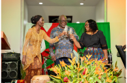 Suriname’s Ambassador to Guyana, Her Excellency, Liselle Blankendal shares a Golden Jubilee toast with Prime Minister, Brigadier (Ret'd), the Honourable Mark Phillips and his wife, Mrs Mignon Bowen-Phillips