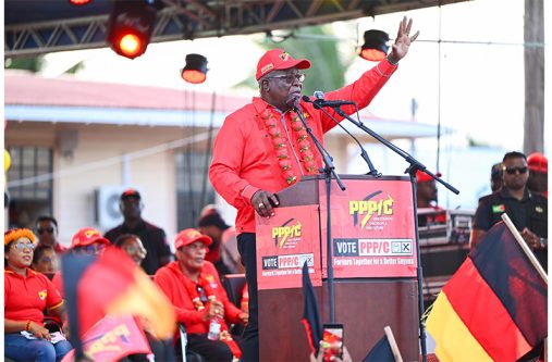 Prime Minister Brigadier (Ret’d) Mark Phillips addressing the mammoth crowd at Anna Regina on Saturday