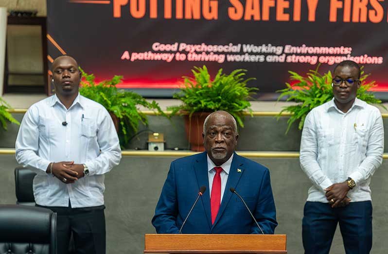 Prime Minister, Brigadier (Ret’d) Mark Phillips, on Tuesday highlighted the importance of strengthening psychosocial safety alongside general workplace protections as he opened the Occupational Safety and Health Symposium at the Arthur Chung Conference Centre (Delano Williams photos)