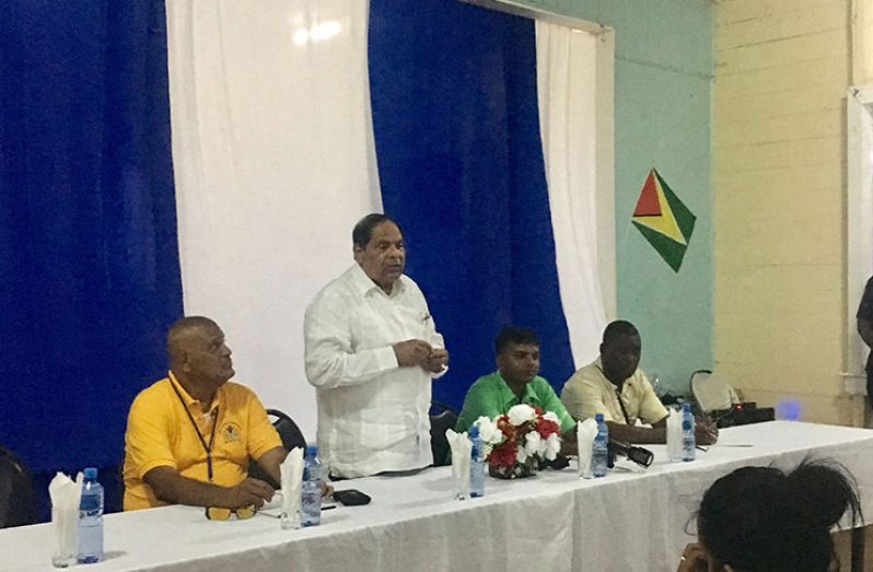 Prime Minister, Moses Nagamootoo addressing Port Mourant residents during Tuesday’s community meeting