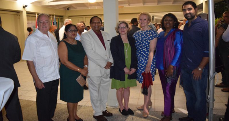 Prime Minister Moses Nagamootoo and wife, Sita Nagamootoo, with others at the reception on Saturday