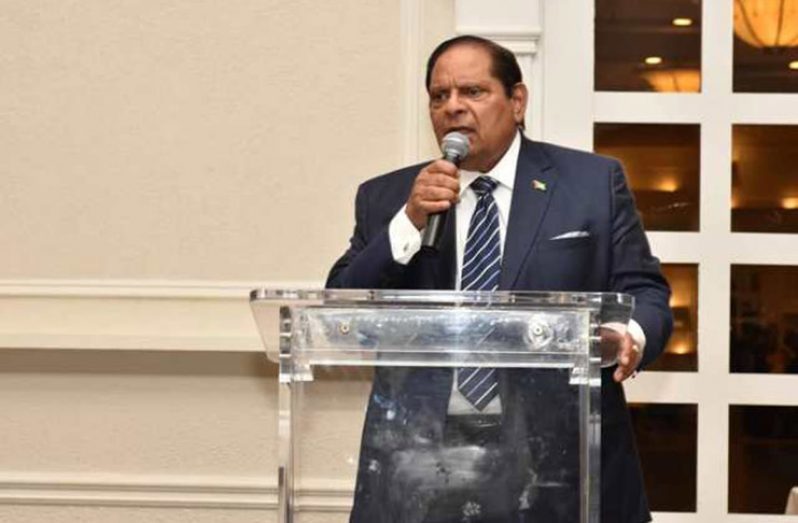 Prime Minister, Moses Nagamootoo delivering remarks at a reception in Toronto, Canada (DPI photo)