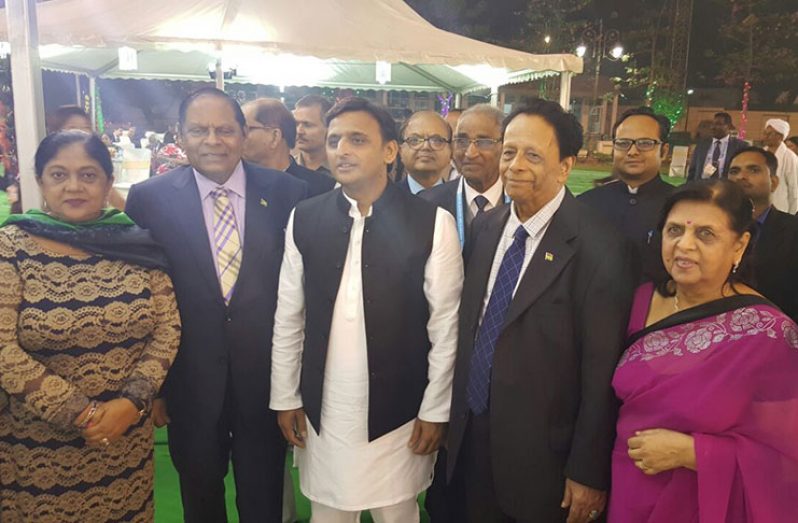 Prime Minister Moses Nagamootoo along with Mrs. Sita Nagamootoo stand with Chief Minister of Utter Pradesh, Prime Minister of Mauritius and his wife