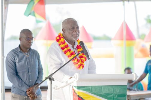 Prime Minister, Brigadier (Ret’d), Mark Phillips delivering remarks during the Arrival Day observance at Enterprise on the East Coast of Demerara