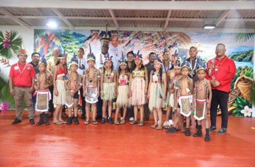 Prime Minister Brigadier (Ret’d) Mark Phillips along with Minister of Housing, Collin Croal, Minister of Amerindian Affairs, Sarah Browne-Shadeek, Minister of Education, Sonia Parag, Member of Parliament (MP), Alistair Charlie along with members of a culture group