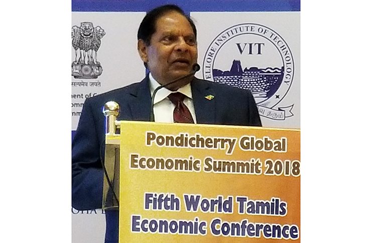 Prime Minister Moses Nagamootoo addressing the opening of the conference, during which he called for investment and technology transfer to Guyana from key Tamil industrial magnates from all continents