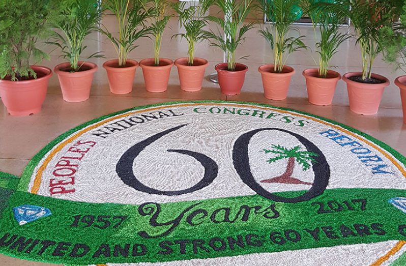 A rangoli design of the PNCR logo at the party’s congress which was held at the National Cultural Centre on Saturday morning.