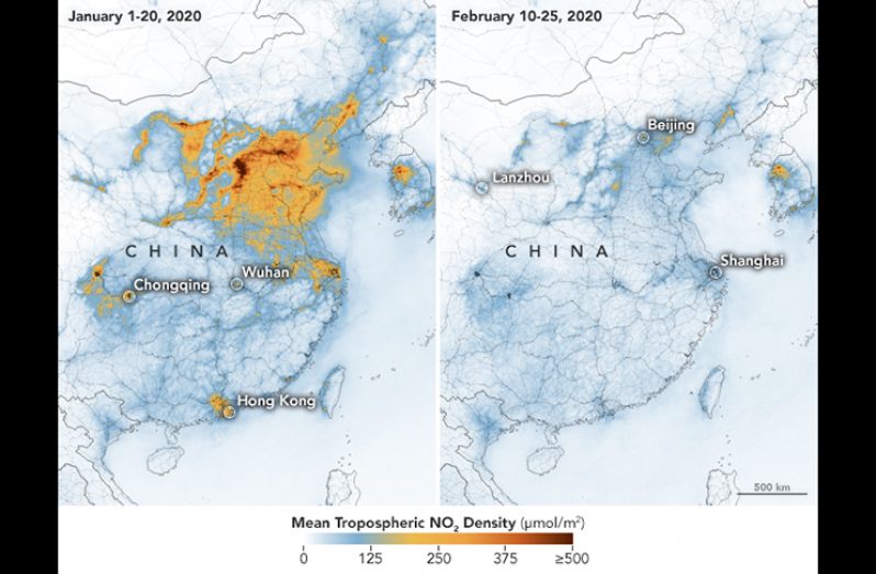 NO2 values across China from January 1-20, 2020 (before the quarantine) and February 10-25 (during the quarantine) (NASA photo)