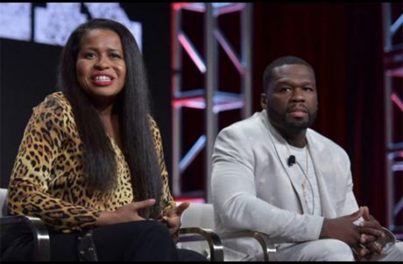 Creator-executive producer Courtney A. Kemp (left) and Curtis ‘50 Cent’ Jackson at the Starz ‘Power’ panel at the Television Critics Association Summer Press Tour on Friday in Beverly Hills, California