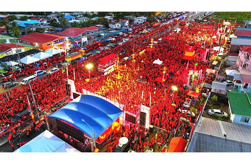 Thousands of Guyanese gathered at Lusignan for the PPP/C’s final rally ahead of the 2025 General and Regional Elections