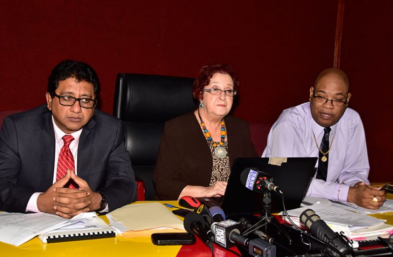 From left to right: Former Attorney General and Minister of Legal Affairs Anil Nandlall, Opposition Chief Whip Gail Teixeira and former Junior Minister of Finance Juan Edghill at the press conference at Freedom House on Monday