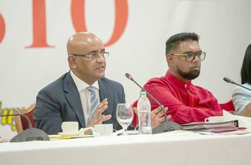 President Dr. Irfaan Ali and PPP General Secretary and Guyana’s Vice President Dr. Bharrat Jagdeo during the PPP/C’s 2025-2030 Manifesto consultation held last month