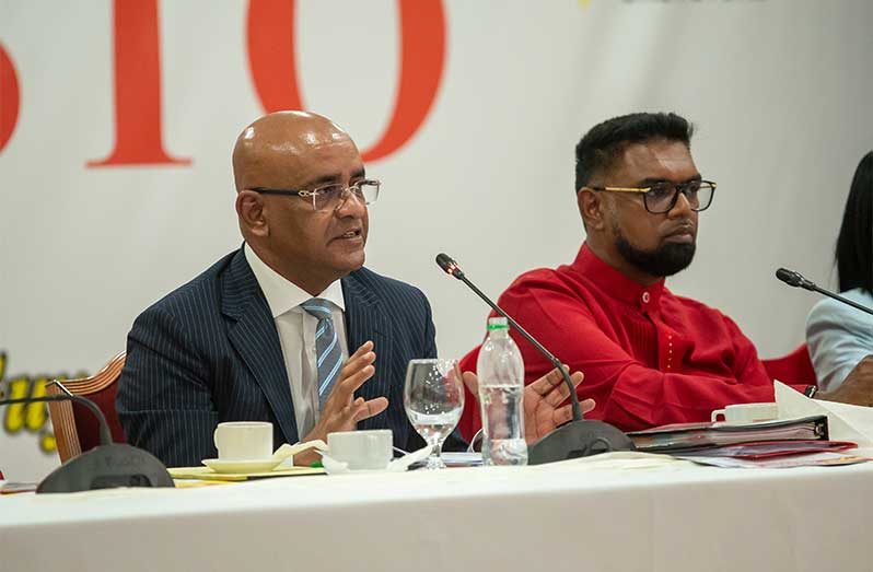 President Dr. Irfaan Ali and PPP General Secretary and Guyana’s Vice President Dr. Bharrat Jagdeo during the PPP/C’s 2025-2030 Manifesto consultation