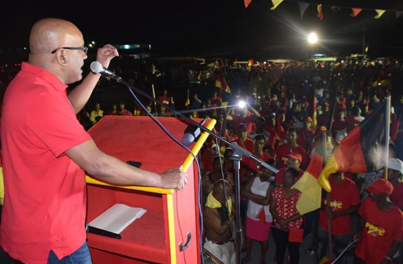 Leader of the People’s Progressive Party (PPP), Bharrat Jagdeo, speaking to supporters at a political meeting
