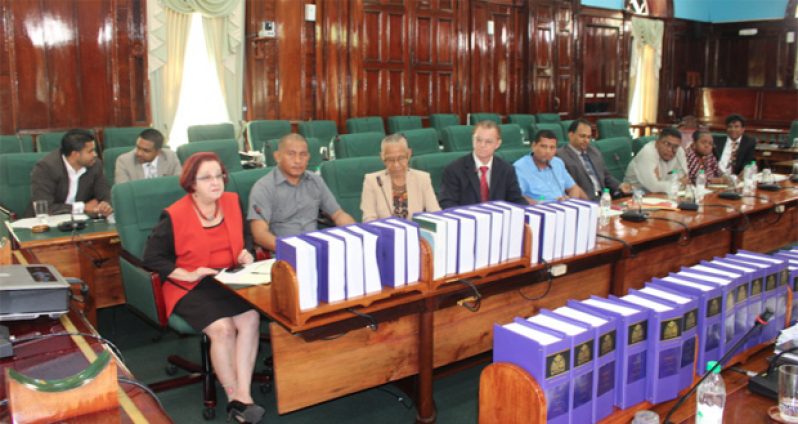 PPP parliamentary candidates yesterday in the National Assembly. From left, former Gov’t Chief Whip in the 10th Parliament, Gail Teixeira, flocked to the right and back by newcomers to the National Assembly (Photo courtesy News Source Guyana)
