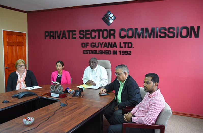 Seated from left are: Keynote Speaker, Alison Kibirige; Chief Executive Officer (CEO) of the CCGI, Denise Deonarine; PSC Vice Chairman, Desmond Sears; Executive Member of the PSC, Ramesh Dookhoo and Manager of the PSC Secretariat, Devon Seeram (Photo by Samuel Maughn)