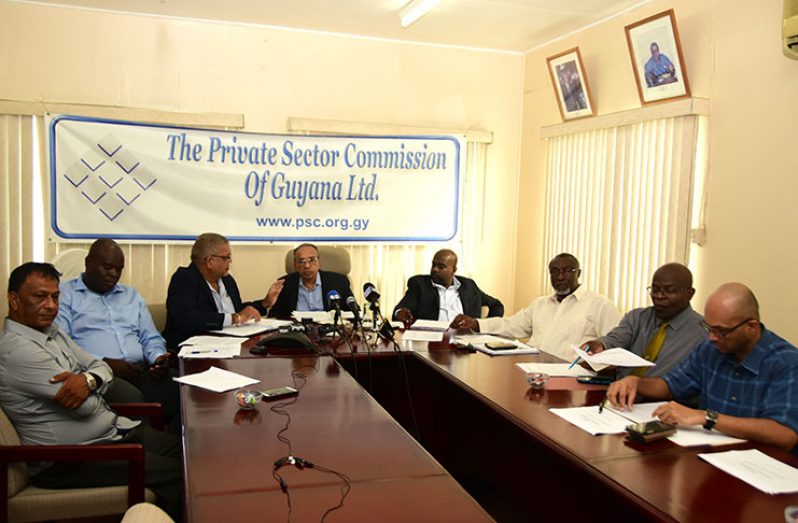 Members of the Private Sector Commission present at Monday’s press conference: (left to right) Hemchand Jaichand, President of the Corriverton Chamber of Commerce; Justin Nedd, GTT’s CEO; Ramesh Dookhoo, Secretary of the PSC; Eddie Boyer, Chairman of the PSC; Ramesh Persaud, Chairman, PSC’s Economic and Finance sub-Committee; Desmond Sears, Chairman of the Guyana National Shipping Corporation; Fitzroy Mc Leod, Finance Manager NAMILCO, and GCCI Chairman, Vishnu Doerga.