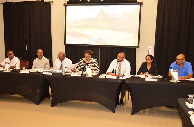 Members of the Public Utilities Commission (PUC) review the application of GTT on Wednesday at the Roraima Duke Lodge (Adrian Narine photo)