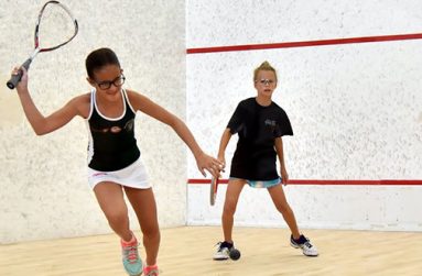 Guyana’s Paige Fernandes (left) in her battle for the Girls’ U-11 title against Darci Reich