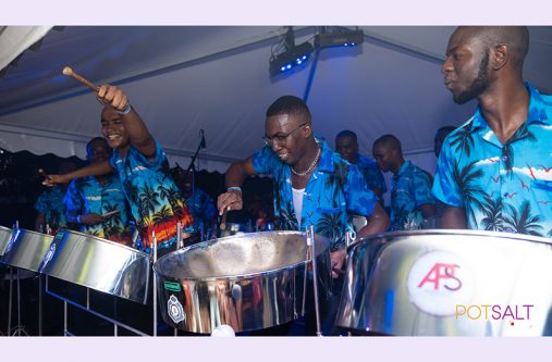 Members of the Guyana Police Force Steel Orchestra performing at PanJam 2022