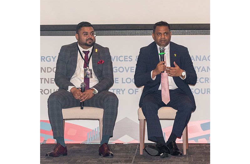 Senior Petroleum Coordinator, Bobby Gossai (left) and Minister within the Ministry of Public Works, Deodat Indar (right) during the panel discussion on Tuesday (Delano Williams photo)