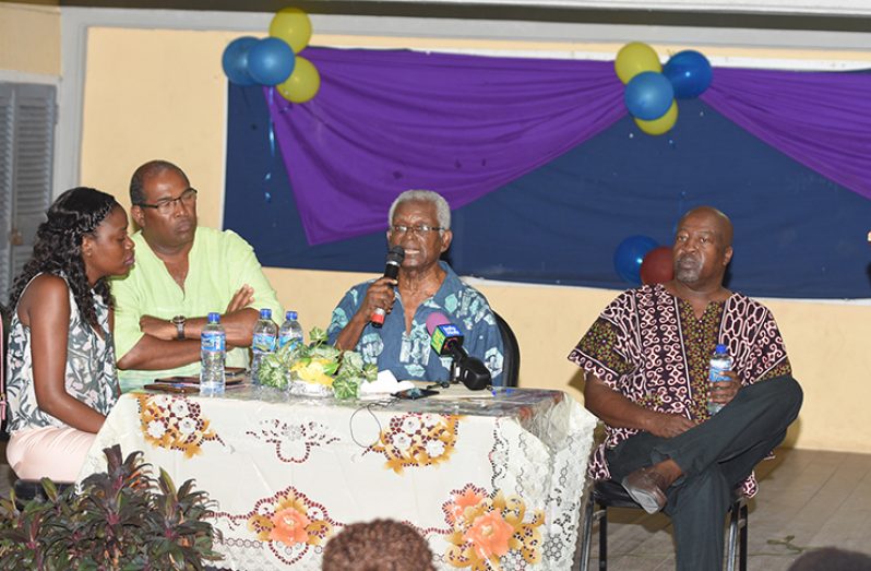 From left to right: Mariscia Charles, Project Officer  Ministry of Natural Resources; Attorney Nigel Hughes; Economist, Professor Clive Thomas; and political commentator, Dr. David Hinds (Samuel Maughn photo)