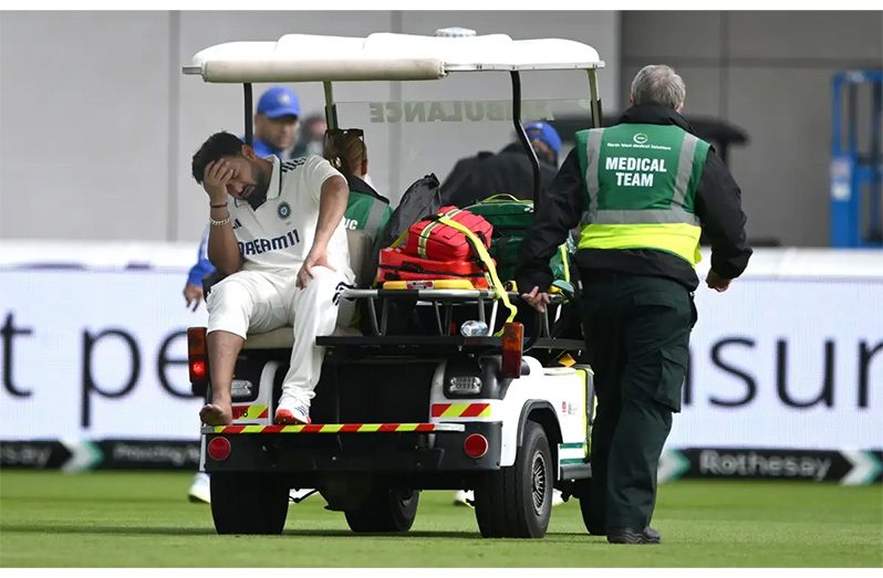 Rishabh Pant leaves the field on a medical cart after hurting his foot•Jul 23, 2025(•Getty Images)